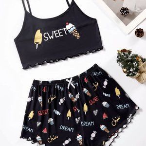 Cartoon And Letter Graphic Lettuce Trim Cami Top & Shorts PJ Set